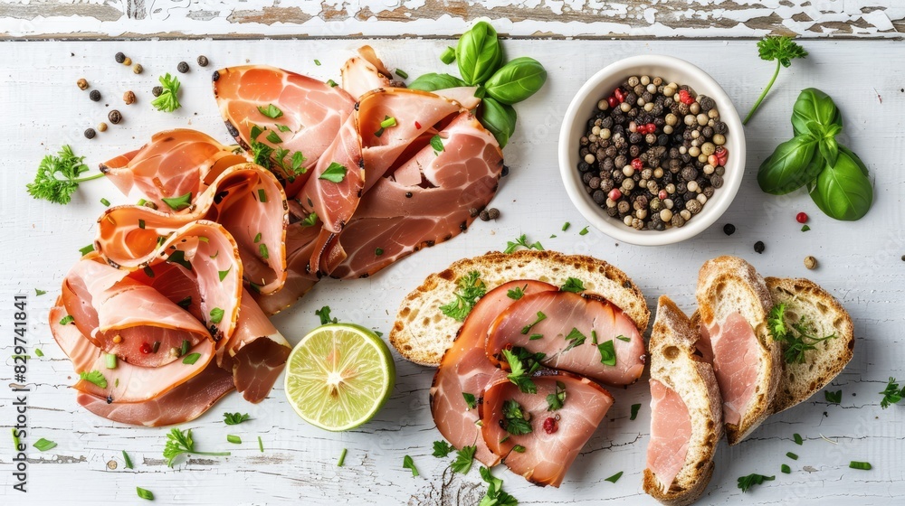 basil pork ham with lime and herbs on a wooden table, marinated with black garlic, lime, and herbs, served on brushed bread slices for sandwiches or salad with chives and pepper. basil pork ham with lime and herbs on a wooden table, marinated with black garlic, lime, and herbs, served on brushed bread slices for sandwiches or salad with chives and pepper.