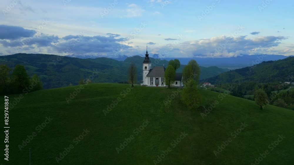 Blue sky background, aerial dolly, isolated small religious building Blue sky background, aerial dolly, isolated small religious building