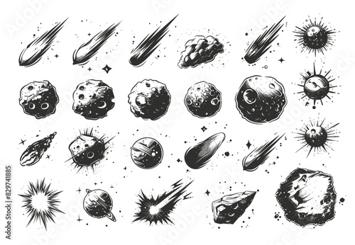 Doodle Style Comets and Meteorites Icon Set. Comet, Meteorite, Space, Astronomy, Celestial, Sky, Cosmic, Astronomical, Falling Star, Stardust, Hand Drawn, Sketch, Drawing, Simple, Low Details, Black