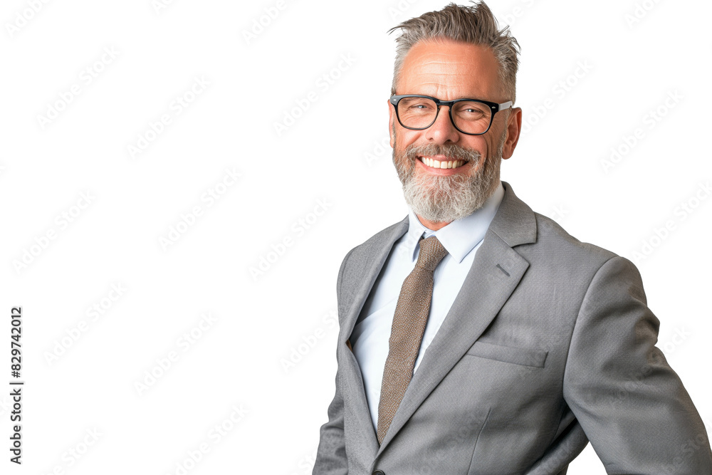 Middle-Aged Man in Grey Suit with Glasses Smiling on White Background Middle-Aged Man in Grey Suit with Glasses Smiling on White Background