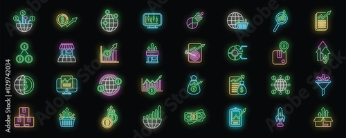 Emerging market icons set outline vector. Payment chart. Fintech platform neon color on black