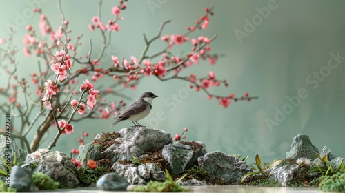 Enchanting spring scene with a small bird perched on a mossy rock surrounded by blooming branches. Generative Ai