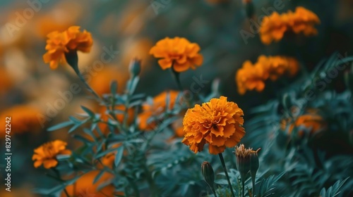 Vibrant orange marigold blossoms in a field Thriving yellow marigold garden in the morning close up © TheWaterMeloonProjec