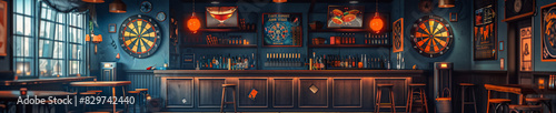 Warm and inviting pub interior featuring dartboards, wooden bar and ambient lighting perfect for social gatherings and relaxation. Generative ai raster illustration. Pop art comic book style imitation