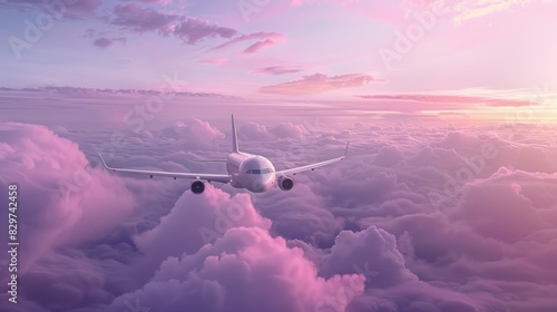 Airplane flying through pink and purple clouds in 3d sky with travel and adventure concept, business trip delivery concept image photo