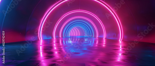 Round tunnel podium abstract background ,Modern futuristic abstract blue, red and pink neon glowing light circles tunnel or portal frame design in dark room background with reflective floor
