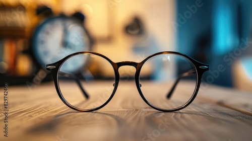 Update eyeglass prescription with close up glasses and blurred clock background