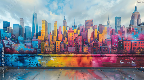 Urban mural featuring dynamic cityscape with soaring skyscrapers and the phrase Reach for the Sky in bold lettering inspiring ambition and determination