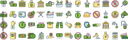 Anti-money laundry icons set outline vector. Bank money. Crime fraud thin line color flat on white