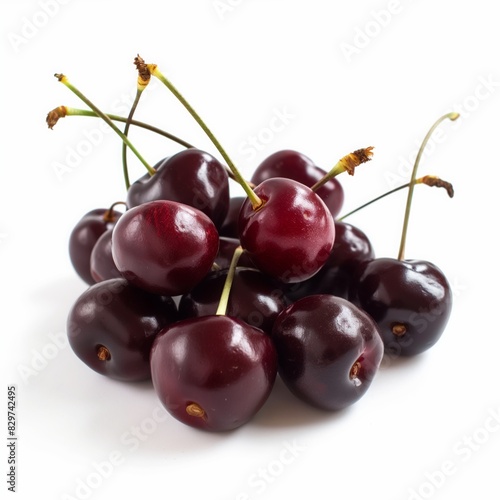 A bunch of shiny dark red cherries with stems perfectly arranged on a white background in a close-up