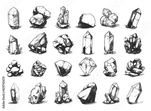 Doodle Style Different Gemstones Icon Set. Gemstone, Gem, Crystal, Jewel, Precious, Mineral, Diamond, Ruby, Sapphire, Emerald, Amethyst, Topaz, Quartz, Hand Drawn, Sketch, Drawing, Simple, Low Details