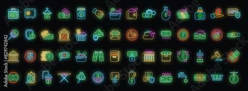Anti-money laundry icons set outline vector. Bank money. Crime fraud neon color on black