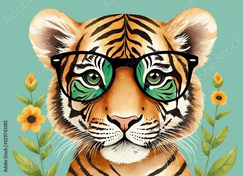 Cute baby tiger with sunglasses generative AI illustration 