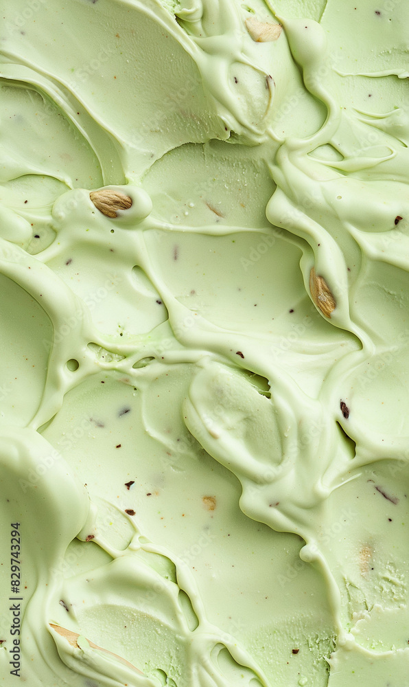Obraz premium pistachio ice cream surface close-up shot, a closeup of the pistachio ice cream texture, featuring its creamy base with a light green tint and pieces of pistachio nuts