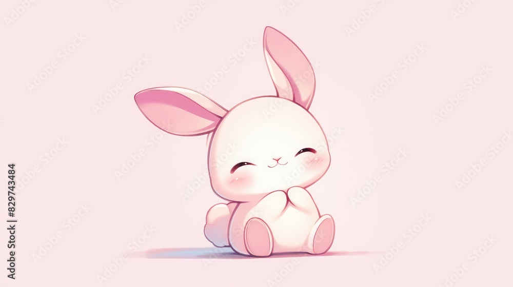 Obraz premium A sweet little pink bunny styled in adorable kawaii fashion sits gracefully against a white backdrop in this charming 2d illustration