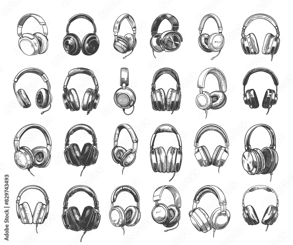 Doodle Style Earphones Icons in Various Designs. Hand Drawn Black Earbud Illustrations on White Background. Simple Style Headphones Audio Devices Music Accessories Earbuds
