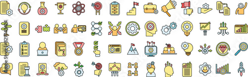 Realization icons set outline vector. Self dream. Success victory thin line color flat on white