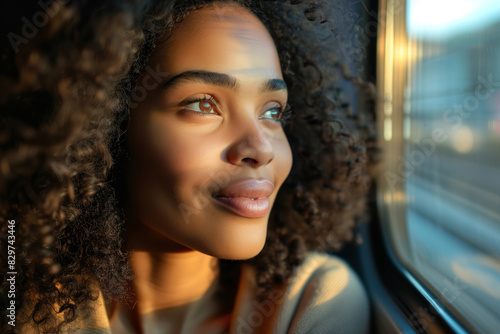 A woman passenger on a train is gazing out the window, observing the passing scenery as the train whizzes by