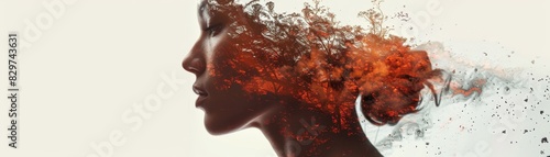 Artistic portrait of a woman with abstract smoke effect, symbolizing creativity and imagination. Modern digital art blending human and surreal elements.