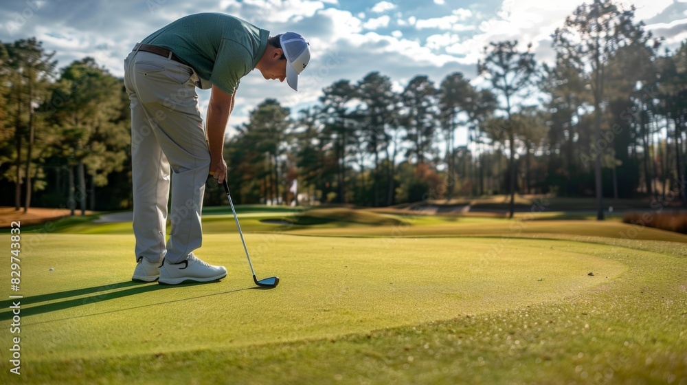 Fototapeta premium A golfer reading the green and lining up a putt with a putter in hand, focusing intently on the break and speed.