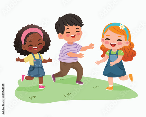 Smiling international kids playing and running. Cartoon character in flat design style isolated. Vector illustration