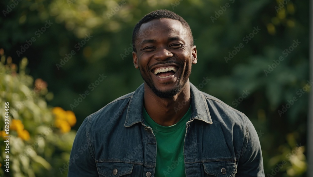 Confident African man laughing while standing against green background Confident African man laughing while standing against green background