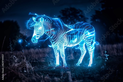 Glowing Zebra in a Field at Night. Generative AI.