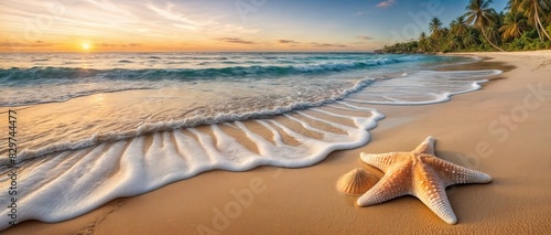 Fototapeta Naklejka Na Ścianę i Meble -  banner sea beach tropical ocean nature, holiday summer, shell sand, shell nature concept island beach conch seashell border. Shell and starfish make a border , copy-space for texts
