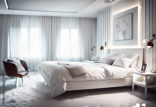 hotel bedroom, white glossy color, interior design, ad shot 