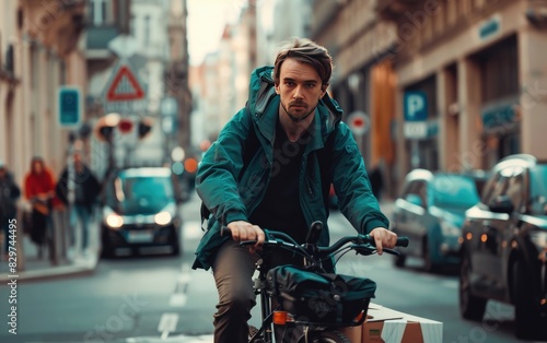 Maximizing Delivery Speed, A Male Courier Effortlessly Zips Through the City on His Bicycle Ai Generated
