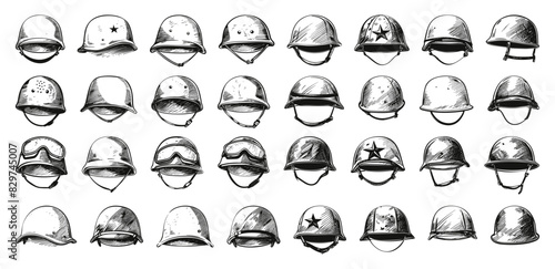 Doodle Style Military Helmets Icon Set. Military, Army, Helmet, Headgear, Soldier, War, Combat, Protection, Tactical, Camouflage, Armed Forces, Battle, Uniform, Headwear, Hand Drawn, Sketch, White
