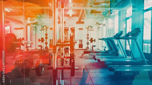 A modern gym with treadmills and weight training equipment.  The gym is empty and ready for workout.  A colorful light filters through the window. photo