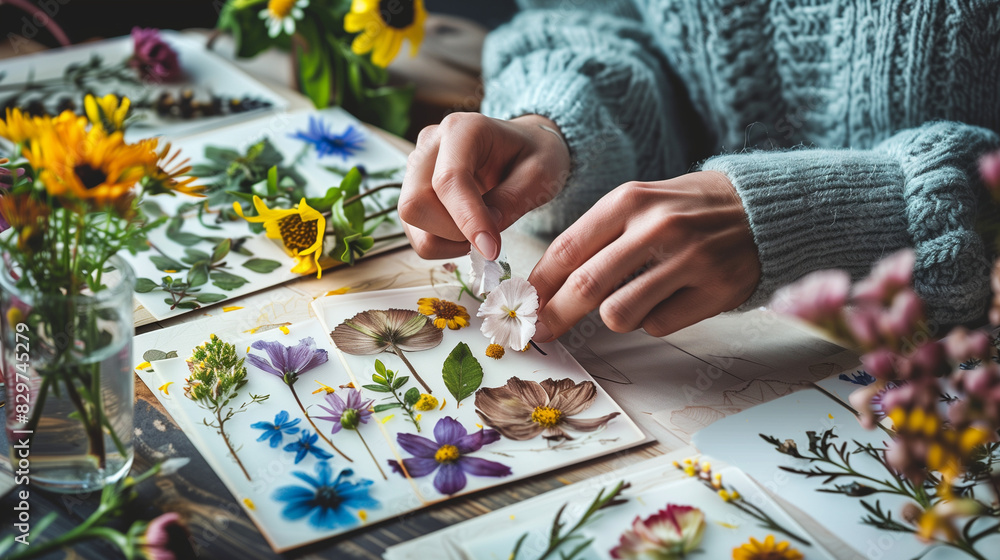 DIY project scene featuring a person crafting with pressed flowers, surrounded by vibrant floral arrangements and botanical materials, ideal for creative hobbyists and handmade art enthusiasts DIY project scene featuring a person crafting with pressed flowers, surrounded by vibrant floral arrangements and botanical materials, ideal for creative hobbyists and handmade art enthusiasts