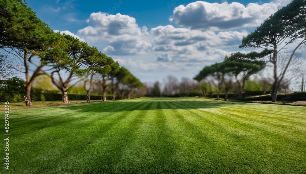 Naklejka premium Lush Spring Landscape: Trimmed Lawn and Tree Line