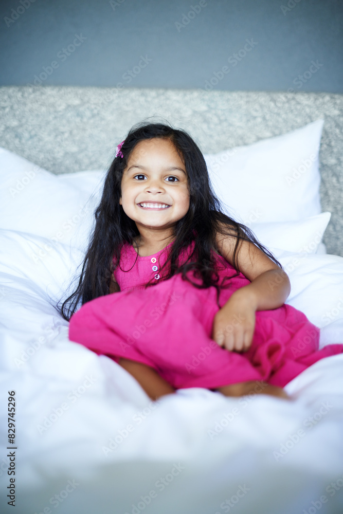 Funny, face and girl in portrait in house with playful personality for game, laugh or happy youth on bed. Comic, child and facial expression in dress for smile, crazy and playing in home with adhd Funny, face and girl in portrait in house with playful personality for game, laugh or happy youth on bed. Comic, child and facial expression in dress for smile, crazy and playing in home with adhd