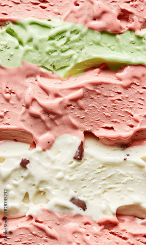 spumoni ice cream surface close-up shot, a closeup of the spumoni ice cream texture, highlighting its colorful layers of chocolate, pistachio, and cherry ice creams photo