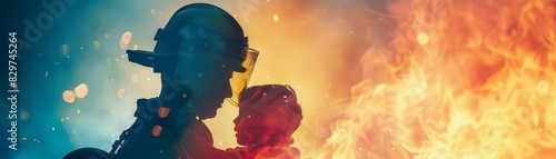 Heroic firefighter rescuing a child from blazing fire, showcasing bravery and courage in the face of danger and emergency response. photo