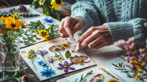 DIY project scene featuring a person crafting with pressed flowers, surrounded by vibrant floral arrangements and botanical materials, ideal for creative hobbyists and handmade art enthusiasts