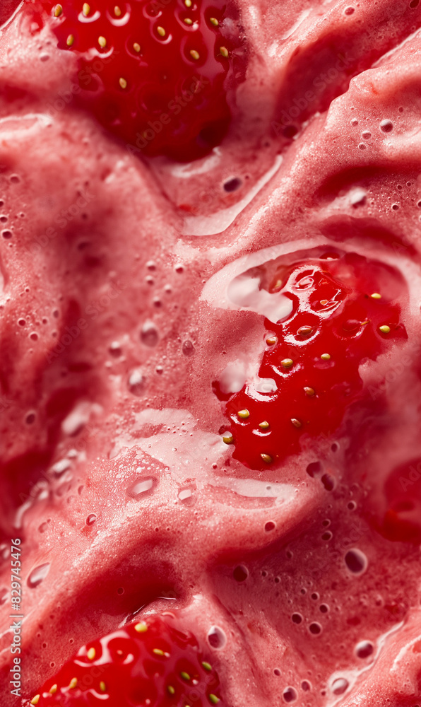 Fototapeta premium strawberry sorbet surface close-up shot, a closeup of the strawberry sorbet texture, highlighting its smooth and icy base with a bright red color