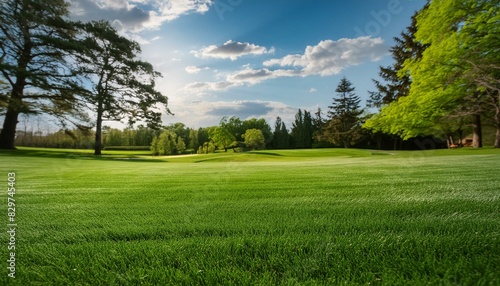 Sunny Spring Delight: Green Lawn with Trees and Clouds