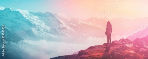 Person standing on a mountain peak, overlooking a breathtaking sunrise or sunset with a colorful sky and stunning mountain view.