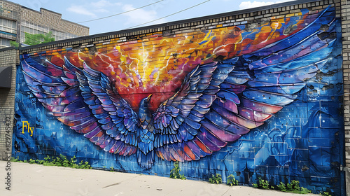 Urban mural featuring pair of wings with the words Fly Free in vibrant colors symbolizing liberation and selfexpression photo