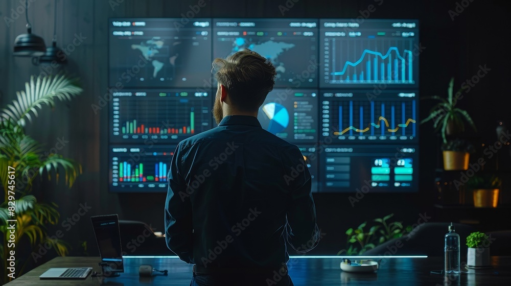 Businessman analyzing data on multiple screens in a modern office. Technology, finance, and data visualization concept. Businessman analyzing data on multiple screens in a modern office. Technology, finance, and data visualization concept.