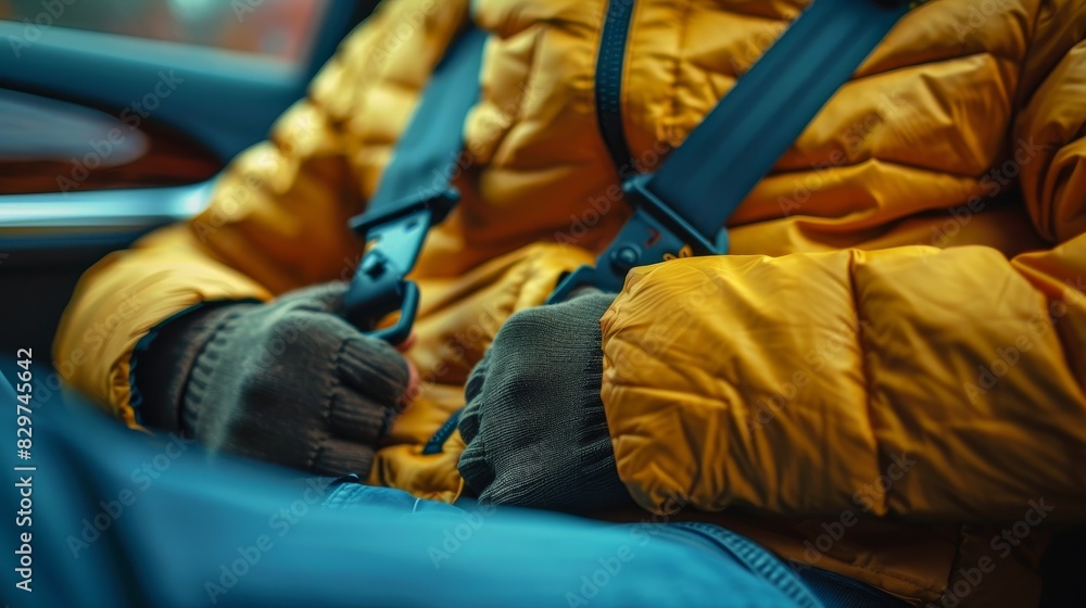Close-up of a person wearing a yellow down jacket and gloves, fastening a seatbelt in a car, emphasizing safety and winter attire.