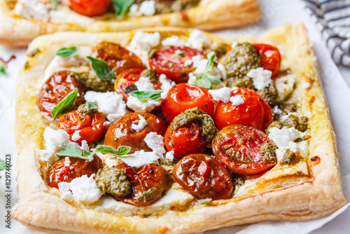 Pesto, tomato and feta tart.