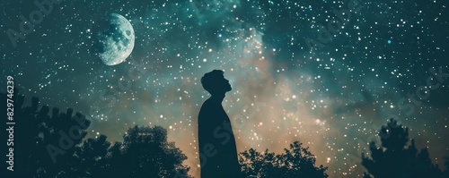 Silhouette of a person gazing at a starry night sky with the moon, surrounded by trees. A serene moment of stargazing and wonder.