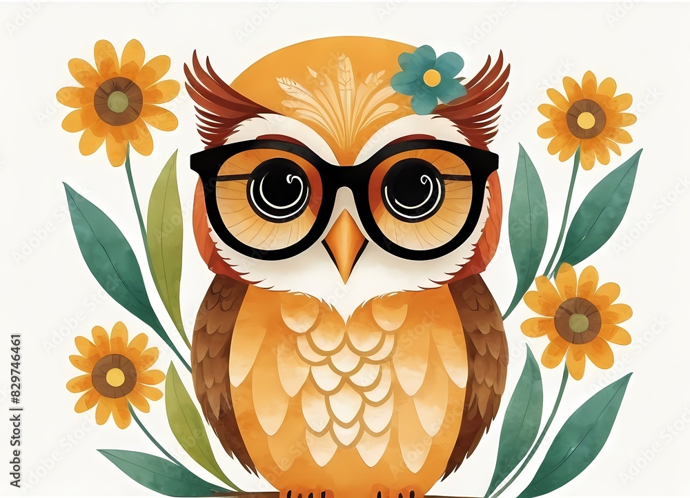 Fototapeta premium Cute Floral Owl Generative AI Illustration 