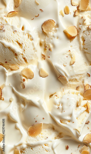 toasted almond ice cream surface close-up shot, a closeup of the toasted almond ice cream texture, displaying its creamy base with pieces of toasted almonds