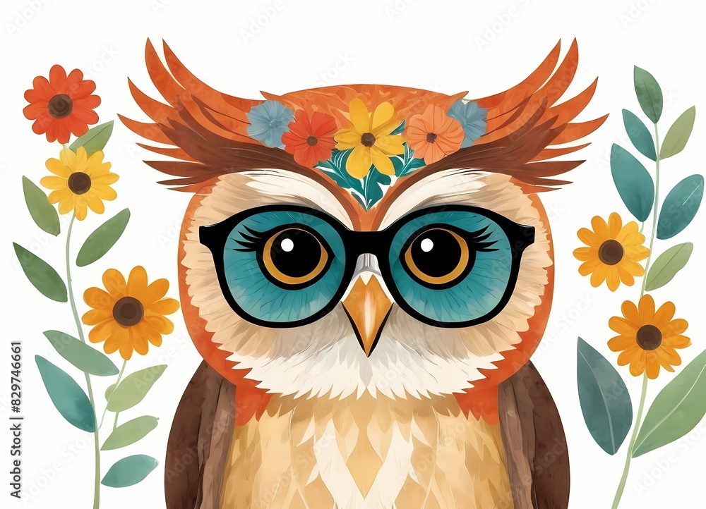 Fototapeta premium Cute Floral Owl Generative AI Illustration