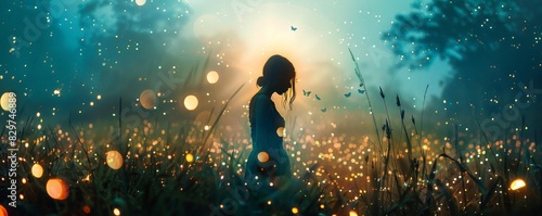 Silhouette of a woman in a dreamy, magical forest setting, surrounded by glowing lights and fireflies during twilight. photo